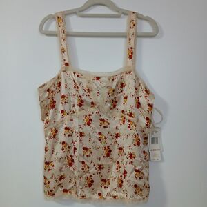 Nine West Coming Up Roses Beige Red Floral Camisole 100% Silk Top Blouse Size 12
